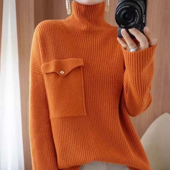 NWT STYLEWE Oversized L/S Orange Turtleneck Sweater w/Pocket & Silver Buttons - Picture 1 of 16